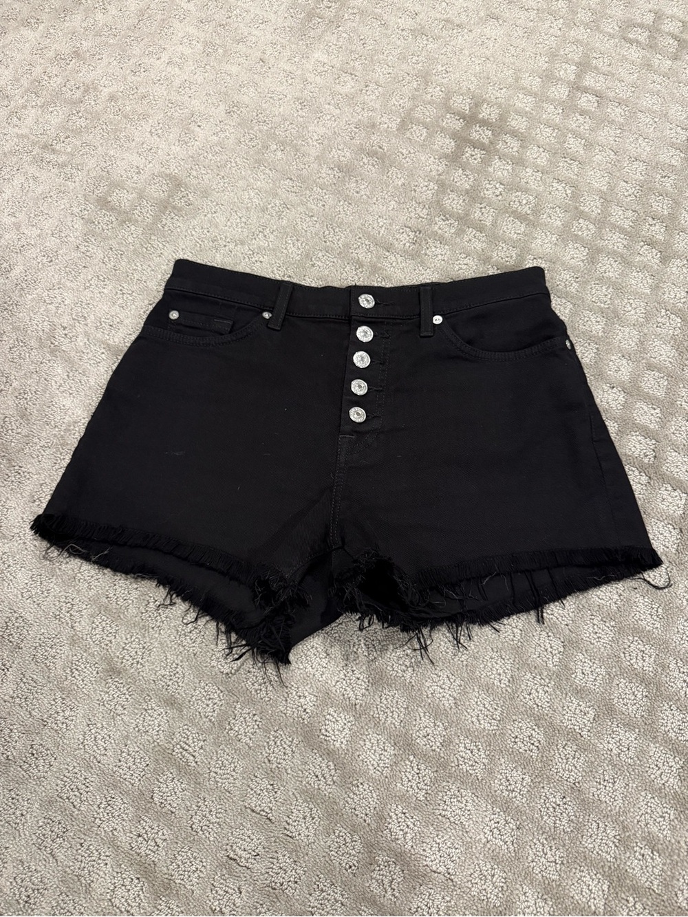 7 For All Mankind Black High-Rise Frayed Button-Fly Jean Shorts